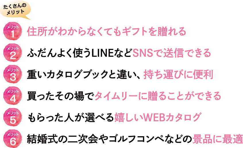 住所がわからなくてもギフトを贈れる、ふだんよく使うLINEなどSNSで送信できる、重いカタログブックと違い持ち運びに便利、買ったその場でタイムリーに贈ることができる、もらった人が選べる嬉しいWEBカタログ、結婚式の二次会やゴルフコンペなどの景品に最適